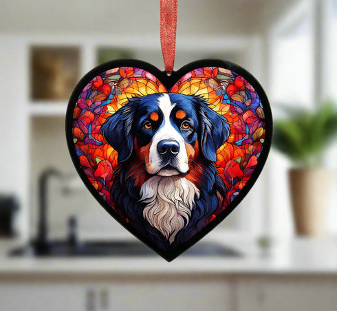 Bernese Mountain Dog Stained Glass Effect Heart Suncatcher